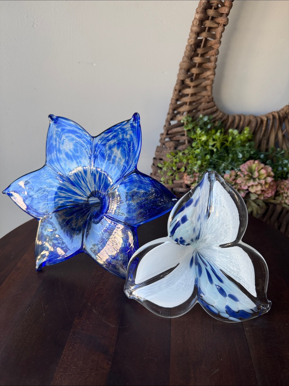 Set of Two Hand-Blown Blue Glass Floral Art Accent - Decorative Home Art